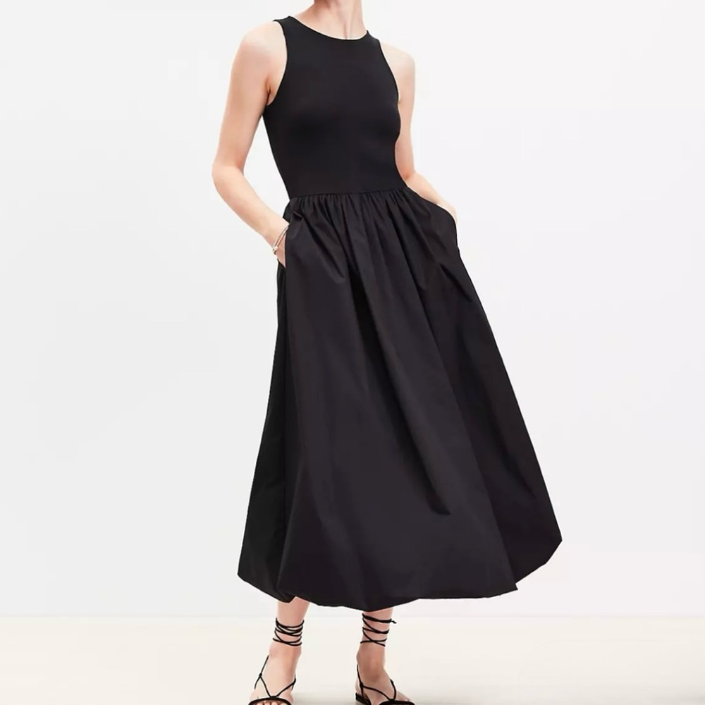 LOFT Poplin Bubble Mixed Media Midi Dress